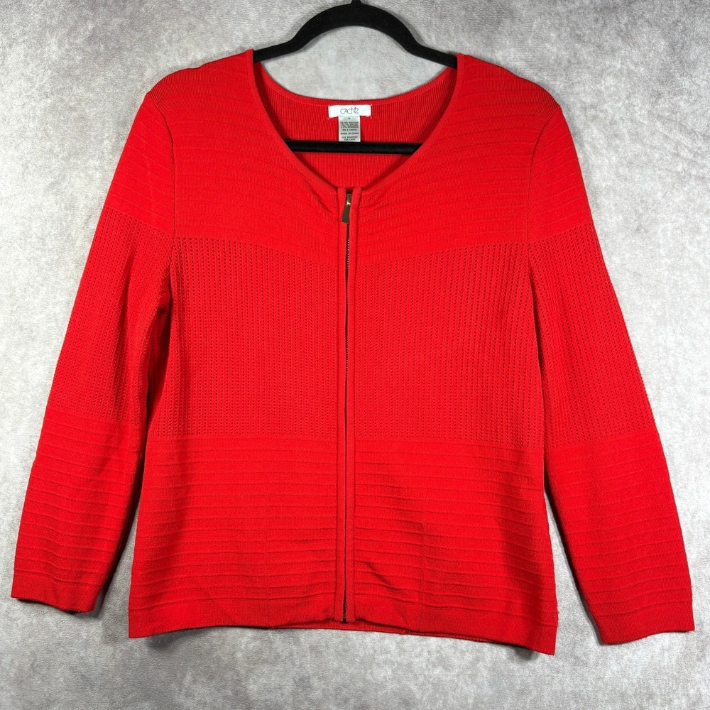 Cache Sweater Womens Medium Red Knit Full Zip Cardigan Crew Neck Stretch Career